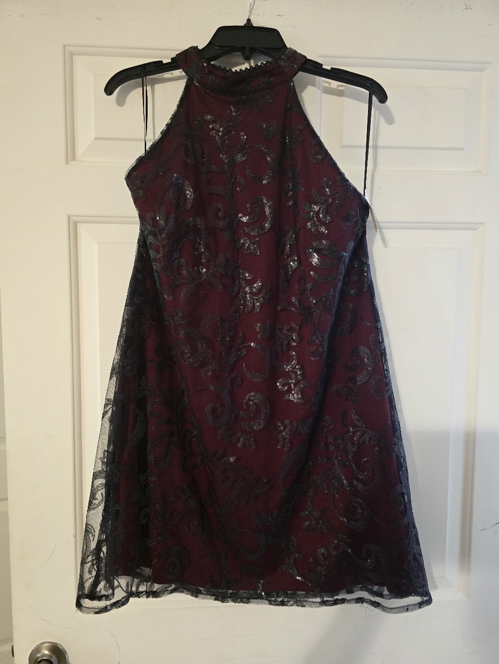 Altar'd State Embellished Halter Party Dress in Deep Burgundy and Black Lace - Picture 8 of 9